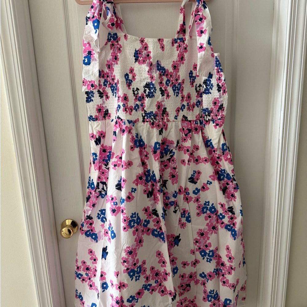 Women’s Plus Size 2X White Floral Sundress with Pink & Blue Flowers